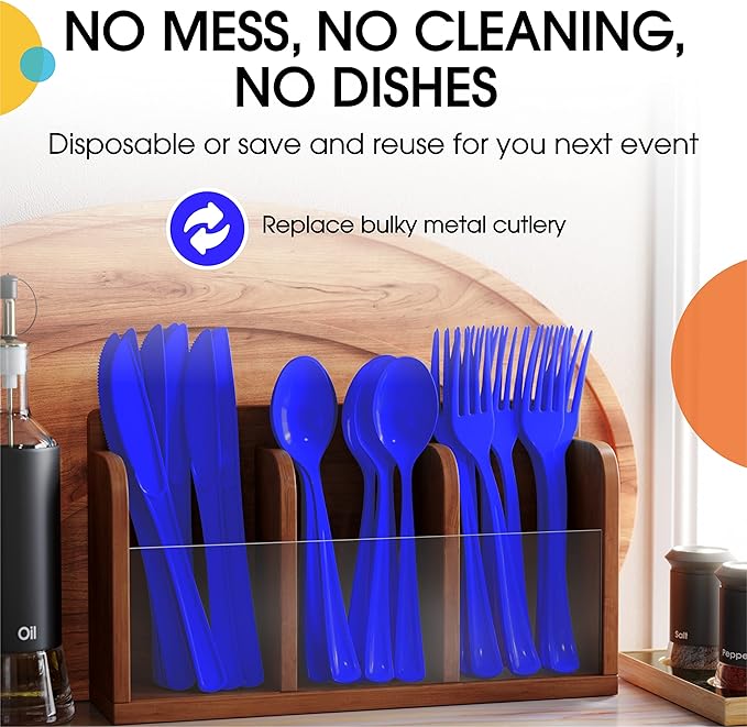 Party Solids Dark Blue Plastic Knives 200 Pcs Dark Blue Knives Disposable Utensils Heavy Duty Plastic Cutlery Set Disposable Cutlery Sets Flatware Sets Silverware Set Party Supplies & Party Tableware