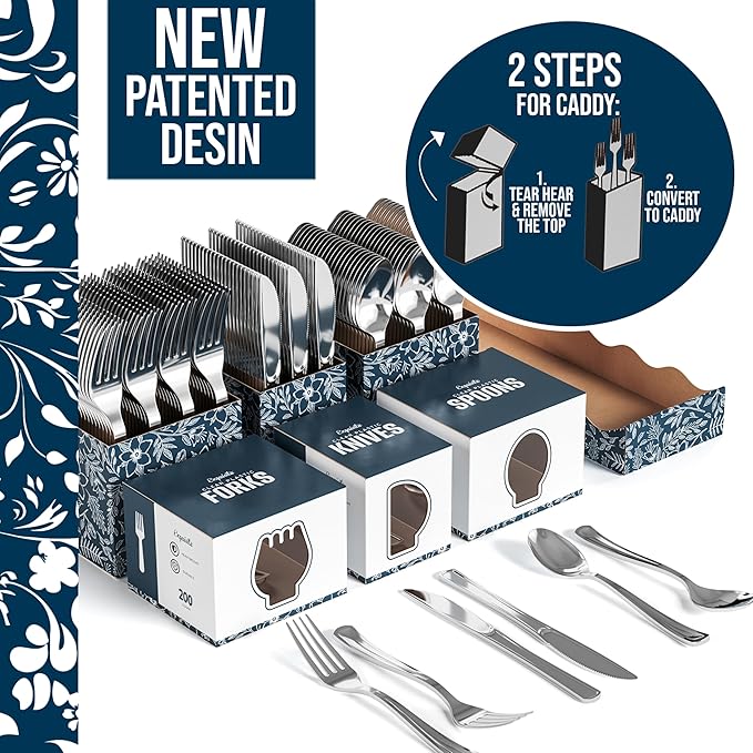 Exquisite Silver Plastic Silverware Heavy Duty 300 Pack - Utensil Caddy For Parties, Utensil Holder For Kitchen Counter 100 Each Plastic Spoons Forks & Knives Set Flatware Sets Disposable Silverware.