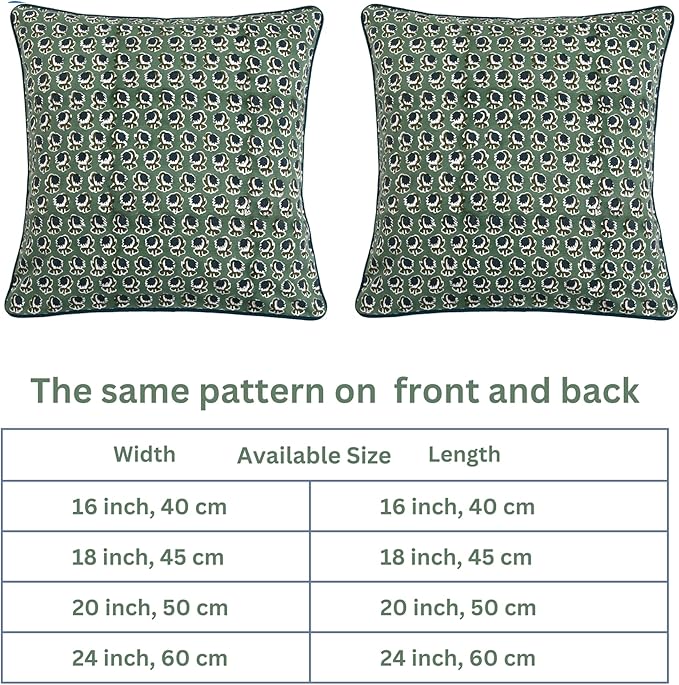 Ridhi Basil Green Block Print Cotton Canvas Throw Pillow Covers for Decorative Couch Pillows for Living Room, Chic Boho Cute Outdoor Valentine Pillows Covers Gifts 16x16 Inches