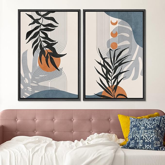 SIGNFORD Framed Canvas Print Wall Art Forest Plant Silhouettes & Mid-Century Symbols Abstract Shapes Illustrations Modern Boho Nature Chic for Living Room, Bedroom, Office - 24"x36"x2 Black