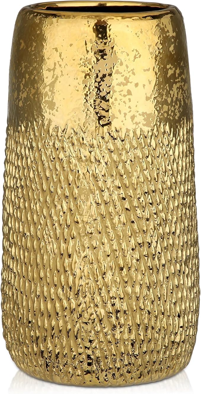10.2" Ceramic Flower Vintage Vase - Gold Textured Metal Ceramic Vase for Farmhouse Modern Home Decor Pampas Grass Centerpieces Living Room Bedroom Office Decoration