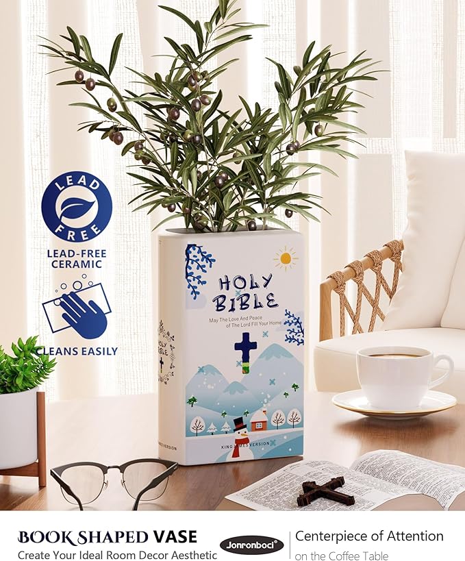 Bible Blessings Winter Flower Vase - Modern Ceramic Book-Shaped Vase for Flowers - Christian Desk Decor for Prayer Room, Dining Table, Coffee Table, Entryway, Religious Gifts (Sky Blue Winter, XL)