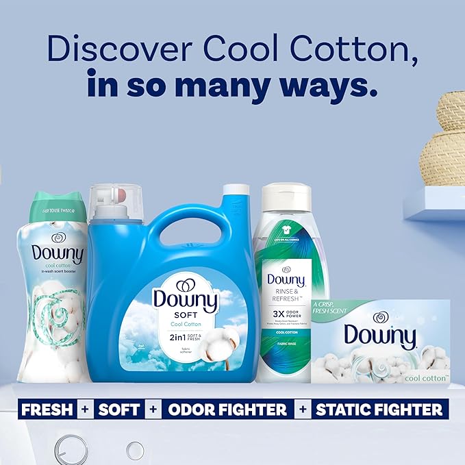 Downy Soft, 2 in 1 Soft and Fresh Liquid Fabric Softener, Cool Cotton, 140 fl oz, 190 Loads, Fabric Conditioner Liquid Provides Softness and Freshness for Fabrics