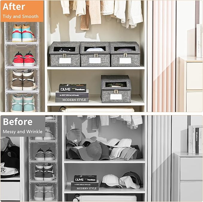 Grey Hat Organizer for Baseball Cap, Hat Storage for Closet with Clear Window, 4 Pack Stackable Storage Organizer Holds up to 48 Caps, Breathable Fabric Box for Snacks, Toys, Socks