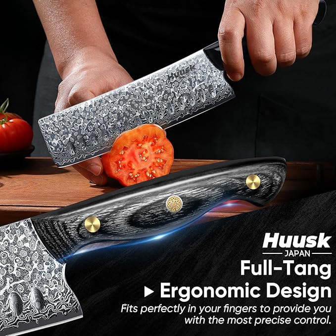 Huusk Damascus Nakiri Knife 7inch - Japanese Knives with Sharp Edge and Wooden Handle, Hand Forged Chef Knives for Home Use, Meat Vegetables Fish Knives, Birthday Dad Mom Gift