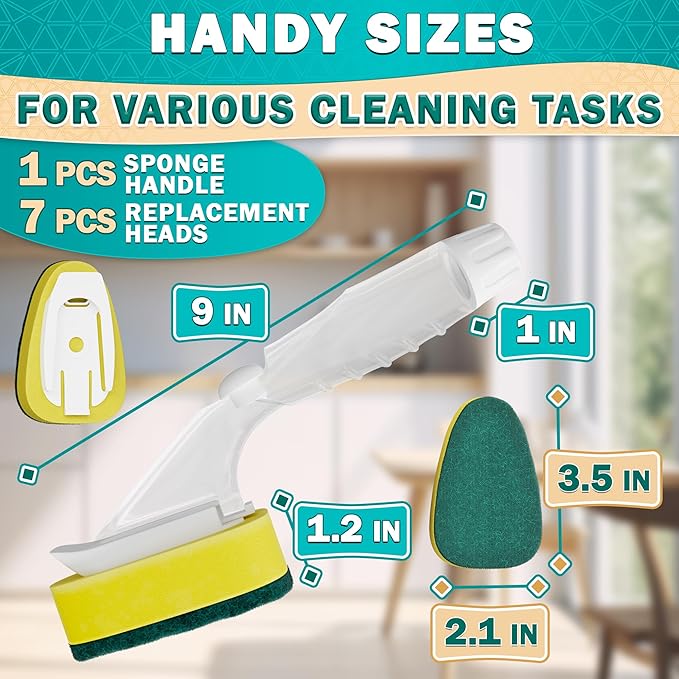 Dish Sponge with Handle – High-Density Absorbent Dish Washing Brush with Handle for Quick & Easy Dishwashing – Non-Scratched Cellulose, Leak-Proof Design for No-Mess Soap Application & Comfortable Use