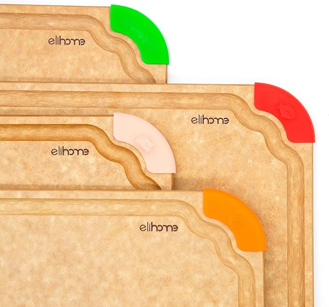 Elihome Cutting Wise 4pcs Kitchen Cutting Board Set, Non Slip Feet, Color Coded with Food Icon, Natural Wood Fiber, Dishwasher Safe, Eco-Friendly, Juice Grooves,Non Porous, BPA Free, Made in USA