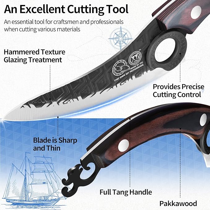 XYJ FULL TANG 6 Inch Boning Knife With Sheath, Stainless Steel Portable Chef Fishing Knife Wood Handle, Meat Cleaver Butcher Knife For Kitchen Camping Outdoor BBQ