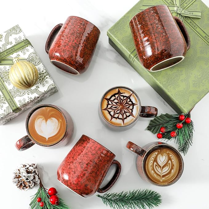 Hasense Coffee Mugs Set of 6, 15 Ounce Ceramic Coffee Cups Set with Handle,Porcelain Tea Mug for Kitchen, Red Cup for Tea,Cocoa,Dishwasher and Microwave Safe