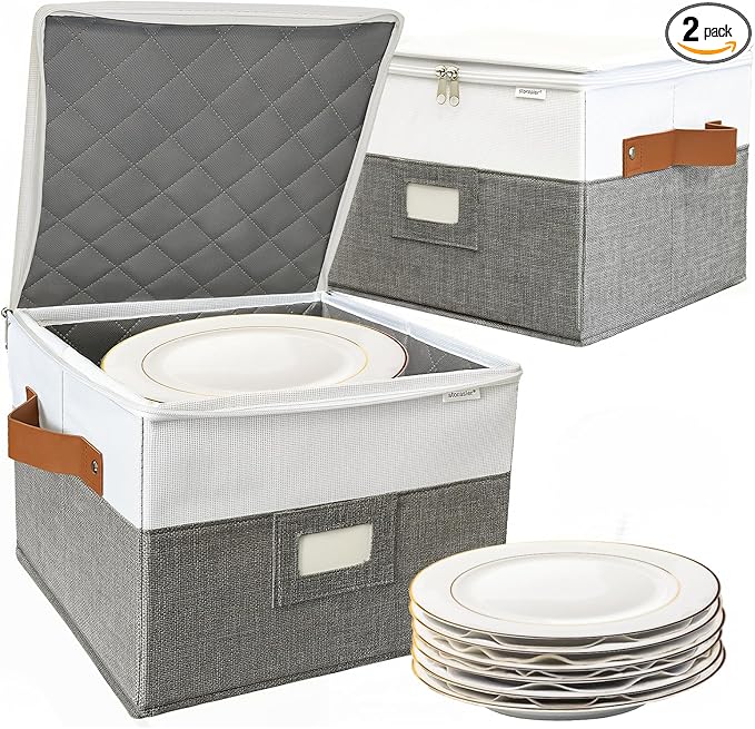 China Storage Containers,Quilted Dish Plate Storage with Stackable Lid for Dinnerware Kitchen Moving,2PACK 12 * 12 * 8in(Grey)