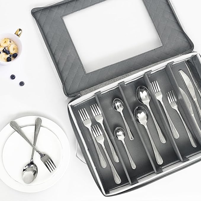 homyfort Flatware Storage Case Box, Silverware Organizer, Tableware Cutlery Utensil Storage Container with Cover/Lid and Adjustable Compartments for Flatware Organization (Grey)