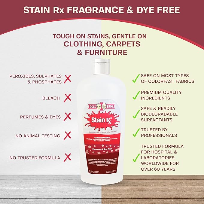 Stain Remover, Effectively Eliminates Stains from Wine, Berries & Blood on Colorfast Fabrics, Carpets, Upholstery & Jewelry, Fragrance & Dye-Free, Bleach-Free, Peroxides & Phosphates, 16 oz