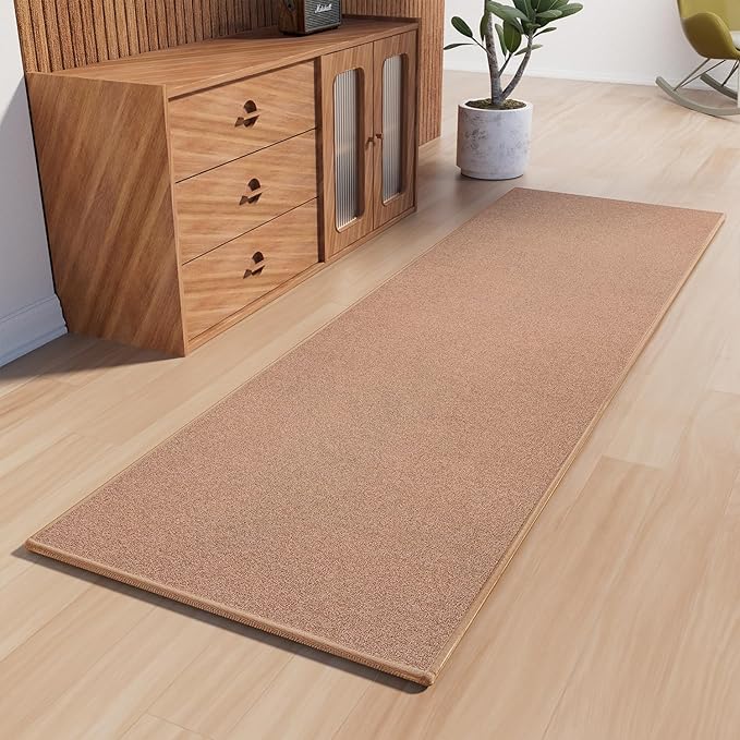 Runner Rug with Non Slip Rubber Backing, Washable Soft Floor Carpet for Kitchen, Hallway, Entryway Indoor, Bedroom, Laundry, Low Pile Area Rugs, Solid Color with Pointillism Style (Camel, 2' * 8')
