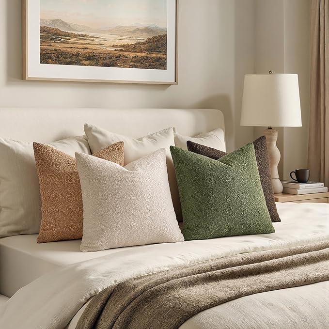 MIULEE Pack of 4 Decorative Textured Boucle Throw Pillow Covers 18x18 Inch Green Brown Accent Solid Pillow Cases Soft Couch Cushion Covers Modern Farmhouse Boho Chair Sofa Bed Livingroom Home Decor