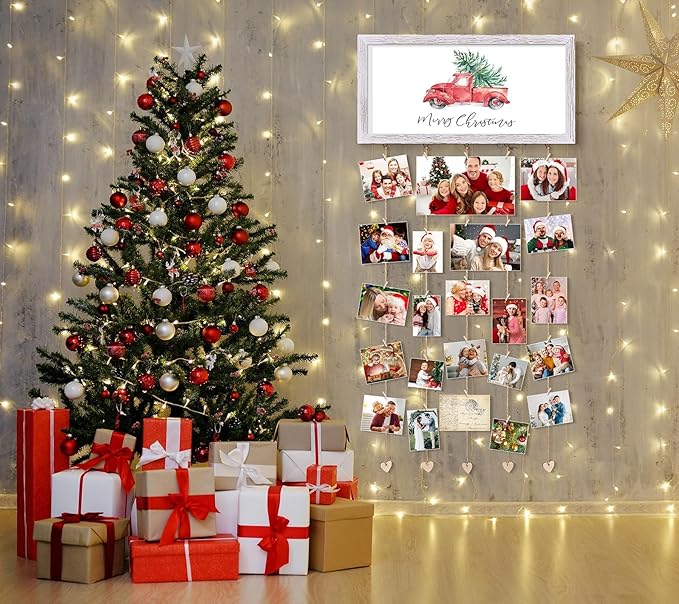 Christmas Card Holder Display Wall Hanging Collage Picture Frames Interchangeable Holiday Decor Clips Photo Holders Merry Christmas Sign Wooden Photo Holder for Gift Card Holder Xmas Party Decor