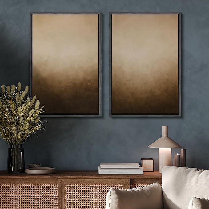 SIGNFORD Framed Canvas Print Wall Art Set Minimalist Gradient Brown Abstract Neutral Illustration Modern Art Decorative Nordic Nature for Living Room, Bedroom, Office - 24"x36"x2 Black
