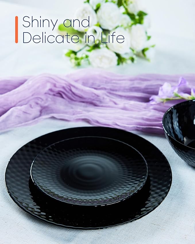 7.5 inch Salad Appetizer Plate Set of 6, Opal Glass Light and Durable Geometric Faceted Small Black Plates for Dessert, Kitchen, Dishwasher and Microwave Safe