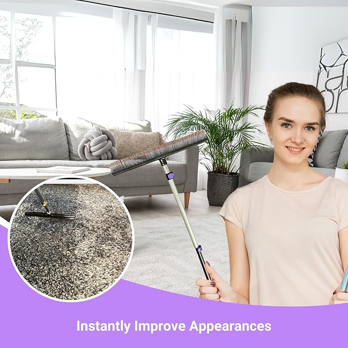 Room Groom PET Carpet Rake and Groomer with Telescoping 54 Inch Adjustable Handle, Rugs, and Artificial Turf, Purple Grip, Black/Purple