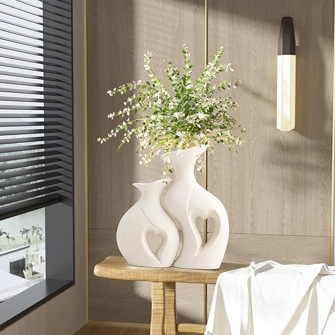 White Ceramic Vase Set of 2 for Home Decor,Minimalist Nordic Boho Vase for Decor,Flower Vases for Wedding,Living Room,Dining Table,Bedroom,Entryway,Office,Coffee Table Decor