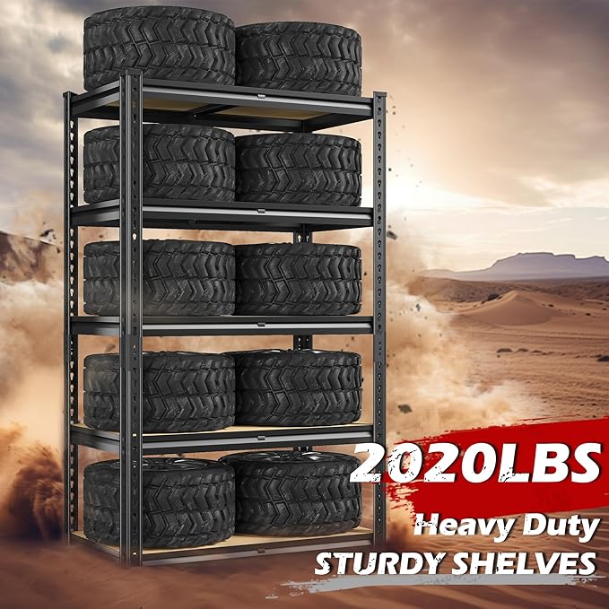 REIBII Storage Shelves 5 Tier Adjustable Garage Shelving Heavy Duty Metal Shelving 2020LBS Metal Shelf 59.8" H Pantry Shelf for Garage Pantry Closet Kitchen Basement 28" W x 12" D x 59.8" H, Black