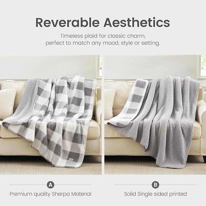Cozy Bliss Luxury Sherpa Throw Blanket for Couch, Premium Reversible Buffalo Plaid Thick Throw, Warm Cozy Soft Blanket for Home and Gifts (Grey, 50" x 60")