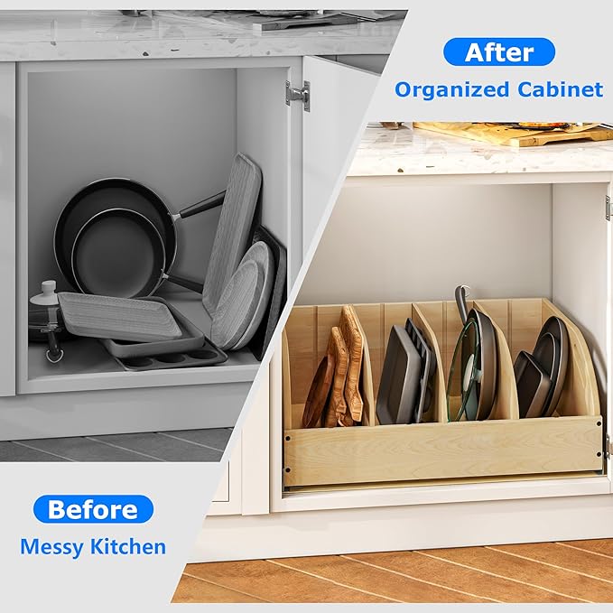 WelFurGeer Birchwood Pot and Pan Organizer with Soft-Close Drawer, Pull Out Cabinet Organizer, Heavy-Duty Slide-Out Storage for Baking Sheets, Cutting Boards, and Kitchen Utensils