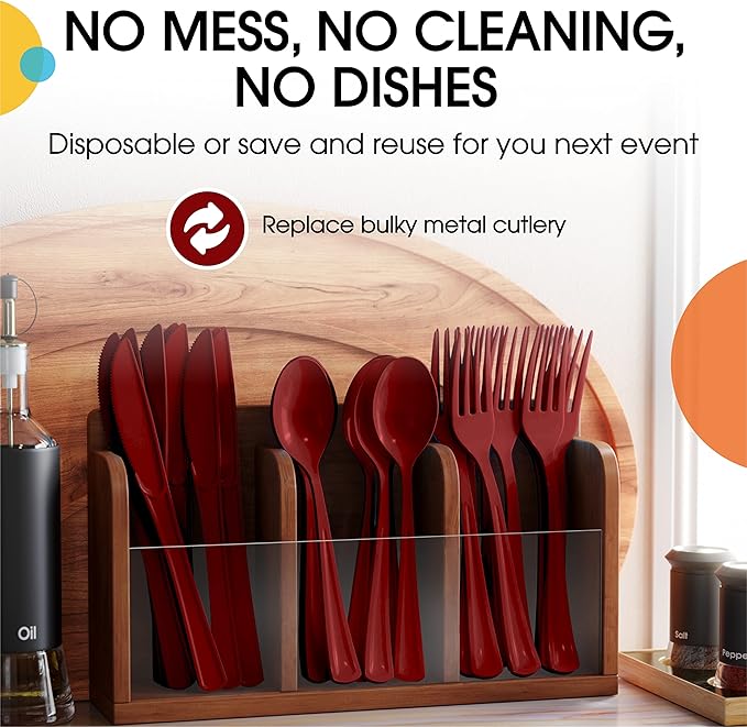 Party Solids Burgundy Plastic Knives 200 Pcs Burgundy Knives Disposable Utensils Heavy Duty Plastic Cutlery Set Disposable Cutlery Sets Flatware Sets Silverware Set Party Supplies & Party Tableware