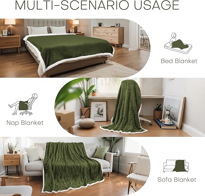 Electric Heated Blanket Full Size 72"x84" - Microplush & Sherpa Fabric Dual-Sided, 6 Heat Settings & 1-10 Hours Auto Off , Cozy Warming Throw for Home, Office, or Bed, Machine Washable, Olive Green