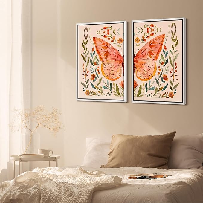 SIGNFORD Framed Canvas Print Wall Art Set Whimsical Butterfly and Florals Colorful Nature Illustration Modern Art Decorative Nordic Nature for Living Room, Bedroom, Office - 24"x36"x2 White