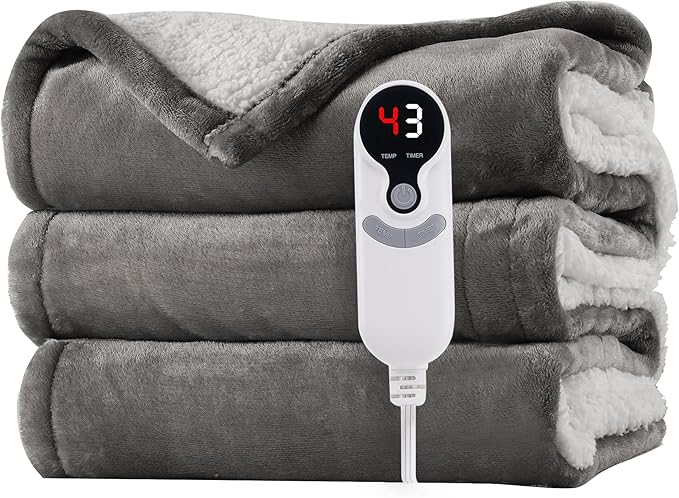 Electric Heated Blanket Twin Size 62"x84" - Flannel & Sherpa Fabric Dual-Sided, 6 Heat Settings & 10 Hours Auto Off, Soft & Cozy Warming Throw for Home, Office, or Bed, Machine Washable, Light Gray