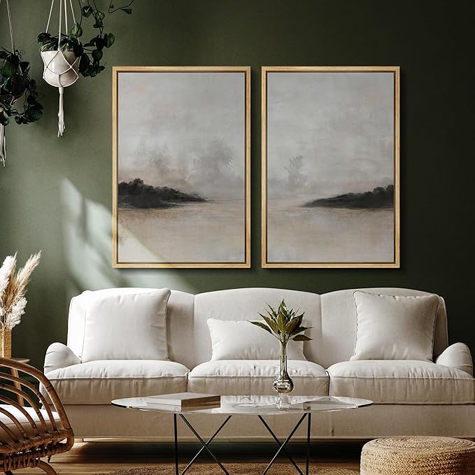 SIGNFORD Framed Canvas Print Wall Art Set Misty Horizon Soft Neutral Toned Landscape Illustration Modern Art Decorative Nordic Nature for Living Room, Bedroom, Office - 16"x24"x2 Natural