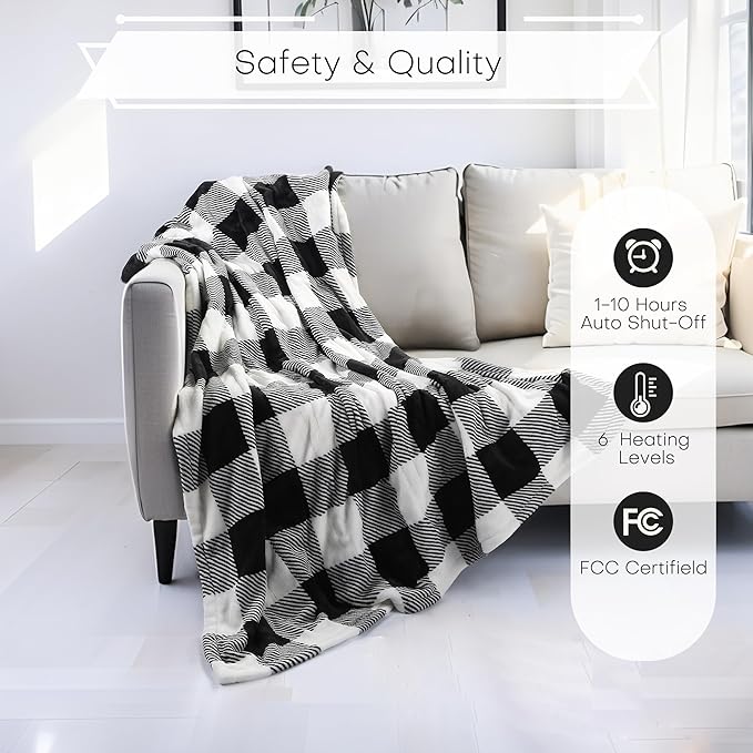 LUXIAN Electric Heated Blanket Queen Size 72"x84" - Microplush & Sherpa Fabric Dual-Sided, 6 Heat Settings & 1-10 Hours Auto Off, Machine Washable, Styiped Check