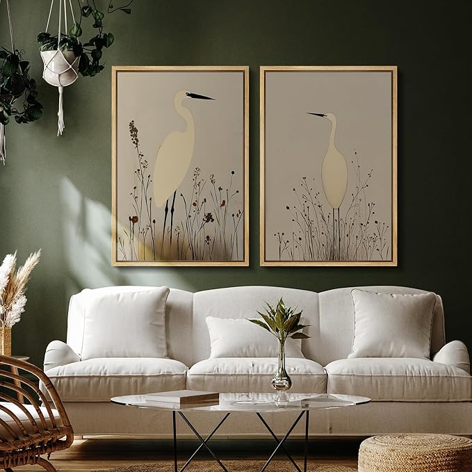 SIGNFORD Framed Canvas Print Wall Art Set Minimalist Heron Art Simplified Shapes in Neutral Tones Illustration Modern Art Decorative Nordic Nature for Living Room, Bedroom, Office - 24"x36"x2 Natural
