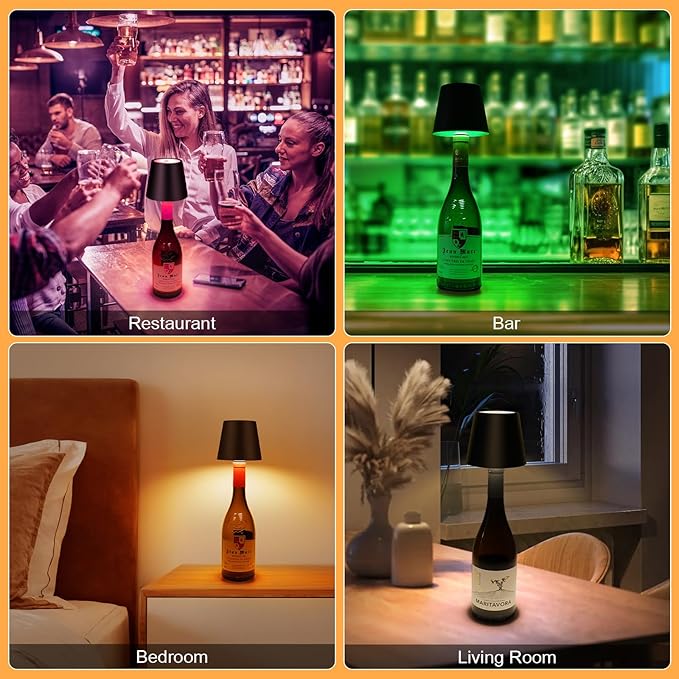DUSKTEC Wireless Wine Bottle Lampshade, 8 RGB Light Modes, Light Temperature 3000-6500K, Rechargeable Touch Wine Bottle Lamp, Portable Wireless Bottle Lamp, Bar Lights, Party, Gift (Black, 2PCS)