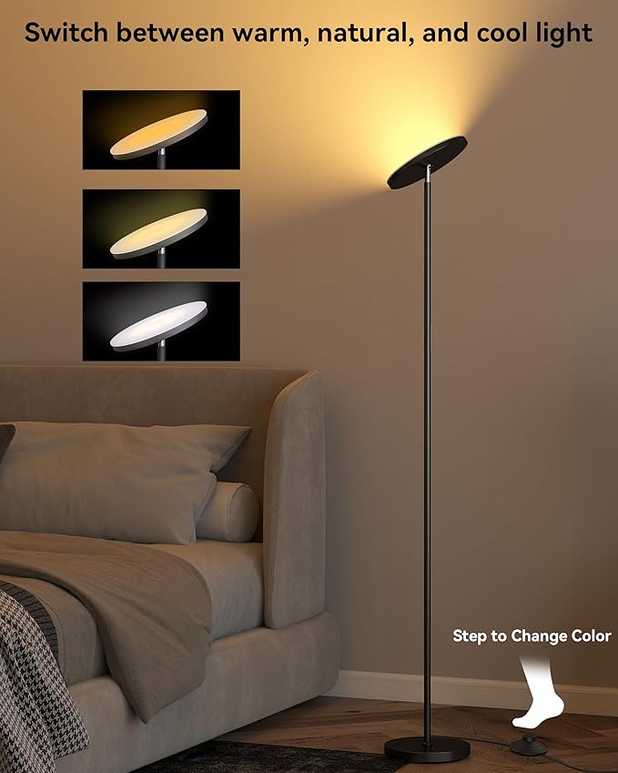 JOOFO LED Floor Lamp – Super Bright Torchiere with Remote & Foot Switch, Stepless Dimmable Tall Standing Lamp, 69" Modern Pole Light for Corner, Living Room, Bedroom, Reading, Office