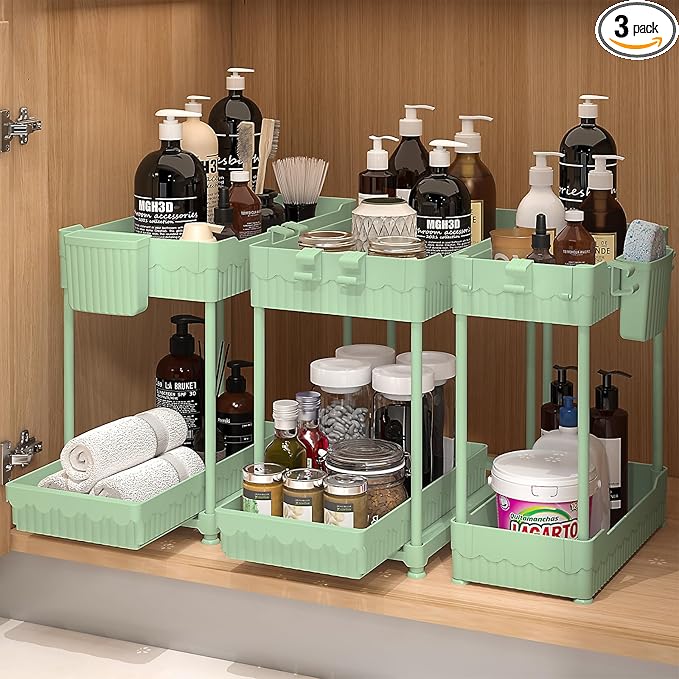 3 Pack Under Sink Organizers, 2-Tier Multi-Use Kitchen and Bathroom Organizers and Storage with Sliding Drawers,Bathroom Cabinet Organizer (Green, 14.8 Inch)