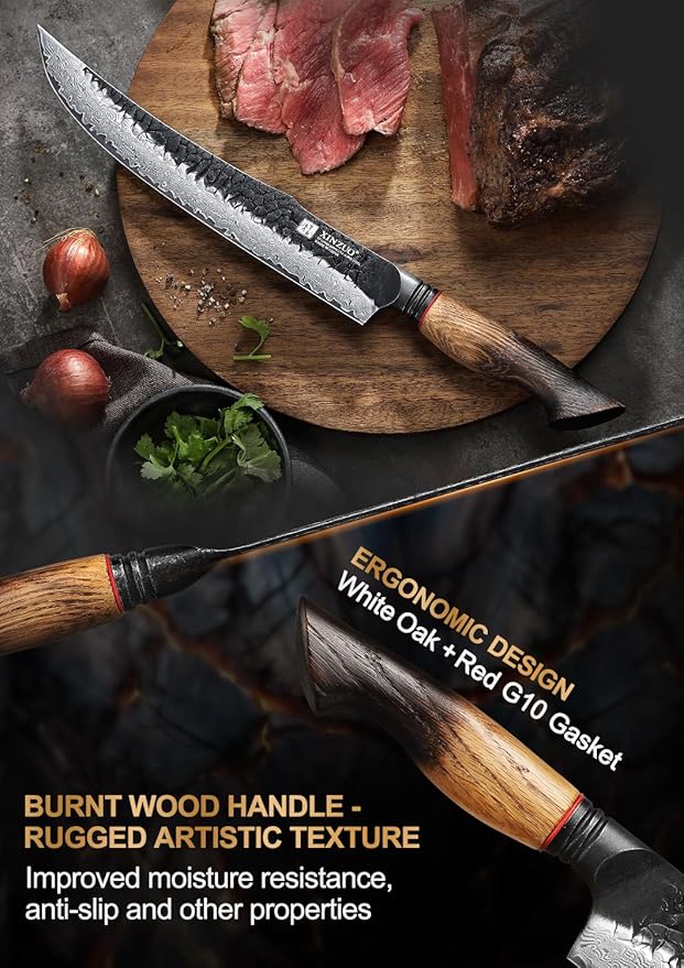 XINZUO 10 Inch Brisket Carving Knife,67-Layer Damascus Steel,Razor Sharp Curved Butcher Breaking Knives For Meat Cutting With White Oak + Red G10 Gasket Handle