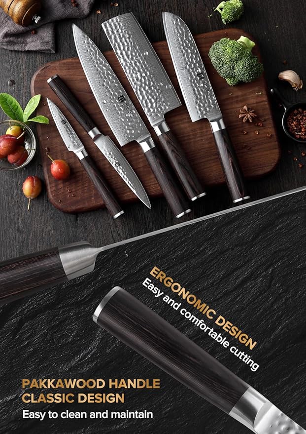 XINZUO Damascus 7-Piece Kitchen Chef Knife Block Set,Professional Sharp Cutting Knife Set with Block,Pakkawood Handle,Chef Gift Box