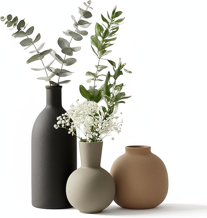 Ceramic Vase Set of 3, Modern Minimalist Farmhouse Style Home Decor Vases, Ideal for Pampas Grass & Dried Flowers, Perfect for Kitchen, Bedroom, Living Room & Dining Table Centerpiece (Multicolor)