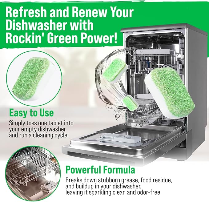 Rockin' Green Deep Cleaning and Deodorizing Tablets for Dishwashers, Washing Machines, and Garbage Disposals, Removes Odor and Residue (Dishwasher Cleaning Tablets, 8 Pack)