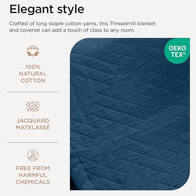 Threadmill Luxury Cotton Blankets for Twin Size Bed | All-Season 100% Cotton Twin Blanket for Bed | Criss Cross Jacquard Lightweight, Soft & Cozy Coverlet, 350GSM, 68x90 inches | Folkstone Blue