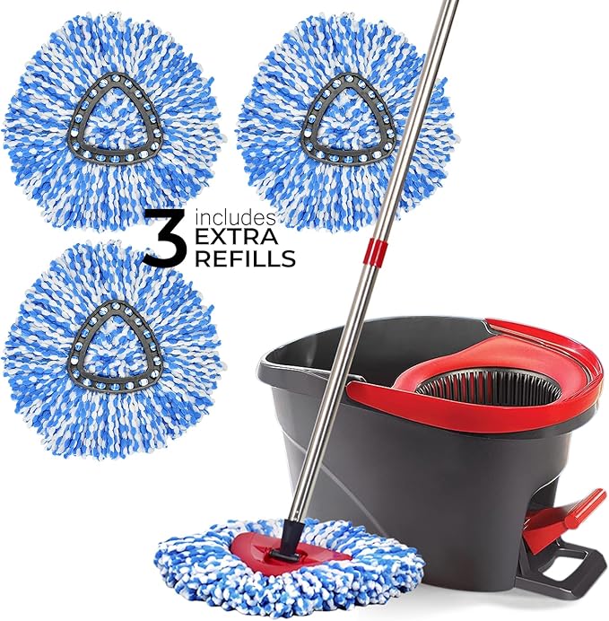 Matthew Spin Mop Replacement Kit - 4 Refill Heads, 30-58in Handle & Base Combo Set (Blue, 1-Tank System)