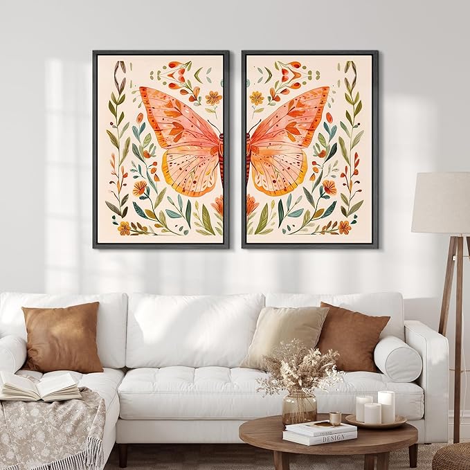 SIGNFORD Framed Canvas Print Wall Art Set Whimsical Butterfly and Florals Colorful Nature Illustration Modern Art Decorative Nordic Nature for Living Room, Bedroom, Office - 24"x36"x2 Black