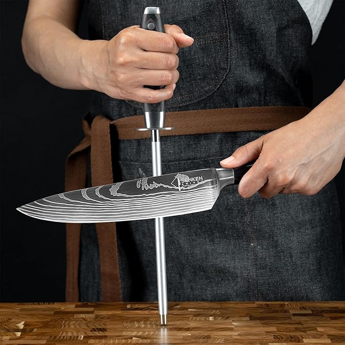 SENKEN Professional Emery Knife Sharpening Steel - Incredibly Strong Emery Rod for Sharpening & Honing Knives Up to 63 HRC Including All Damascus Knives (Smoothly Finished Wood)
