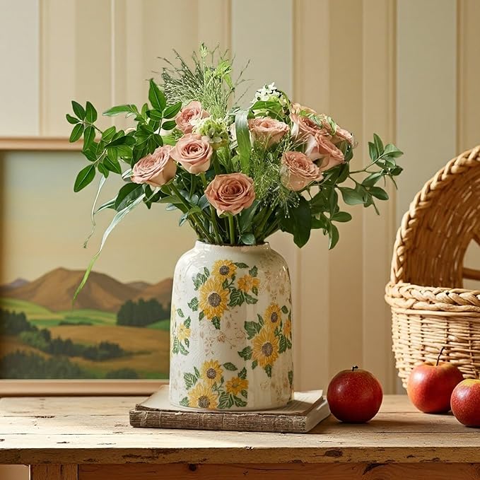 Levvohd Vintage Ceramic Vase, 7.9 Inch Chinoiserie Sunflower Yellow Floral Vases, Retro Ice Cracked Rustic Antique Flower Vases for Modern Coffee Table Home Decor (Medium Cylinder)