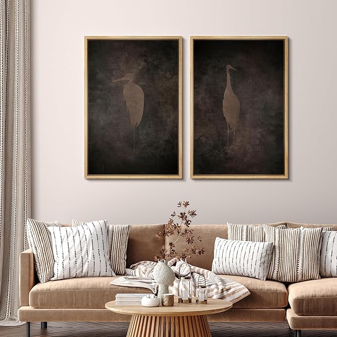 SIGNFORD Framed Canvas Print Wall Art Set Abstract Crane Silhouettes Vintage Dark Tones Illustration Modern Art Decorative Nordic Nature for Living Room, Bedroom, Office - 16"x24"x2 Natural