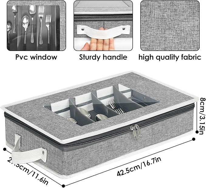 homyfort Flatware Storage Case Box, Silverware Organizer, Tableware Cutlery Utensil Storage Container with Cover/Lid and Adjustable Compartments for Flatware Organization (Grey)