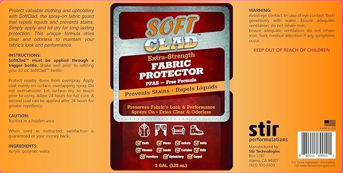 Extra Strength Fabric Protector Spray Prevents Stains and Repels Liquids. SoftClad Guards Furniture, Shoes, Carpet, Upholstery, Suede, Leather, Couch. Safe for Indoor Use. PFAS Free Formula. 1 Gallon