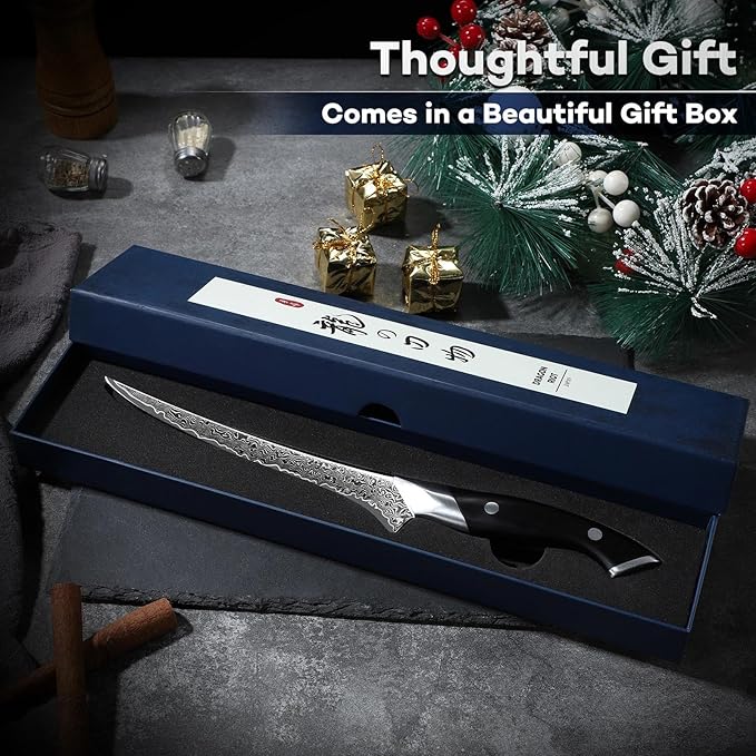 DRAGON RIOT Japanese Fillet Knife, 7 inch Meat Boning Knife with VG10 Steel Core, Damascus Pattern, Flexible Blade, Ergonomic Handle, Fishing Gift for Men