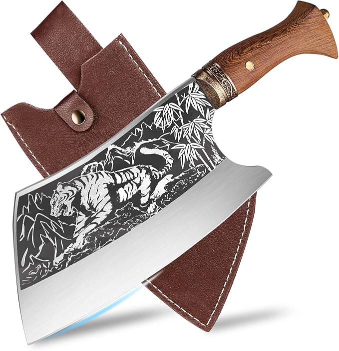 TOMBRO Meat Cleaver - 9" Butcher Knife, Heavy Duty Bone Chopper, Forged With Sheath for Meat Cutting, Ultra Sharp Carbon Steel Chinese Chef for Home & Outdoors